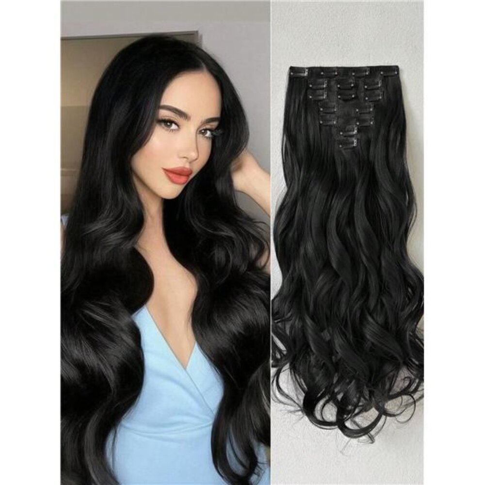 16 Clips 22 Inch 7pcs Black Long Wavy Clip-In Hair Extensions For Women,
